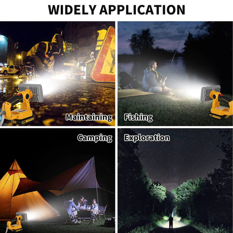 Collage showing 20V Max LED Work Light Flashlight For Dewalt Battery 20W Bright Flood Light in use for maintaining, fishing, camping, and exploration