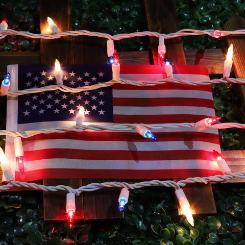 Patriotic String Lights Kit With Red White Blue Mini Lights On White Wire, 19.6 Feet, 100 Count, illuminating an American flag