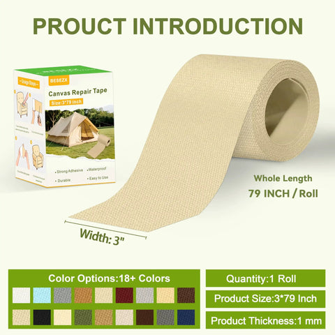 Heavy Duty Canvas Repair Tape Patch Kit 3x79 Inch Waterproof Self Adhesive Fabric Patch for Indoor Outdoor Gear Repair Fix