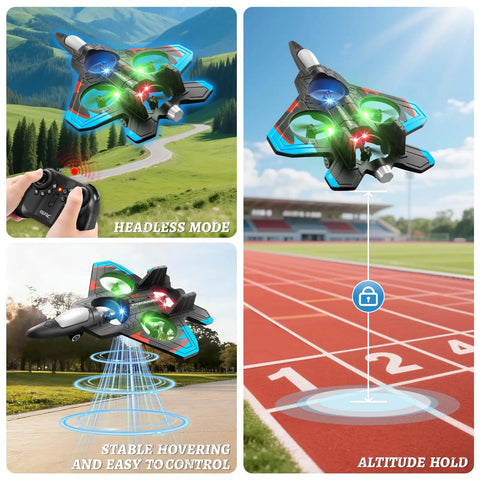 Foam RC Plane For Kids And Adults With Two Batteries, 360 Degree Flips, LED Lights, Altitude Hold showcasing features.