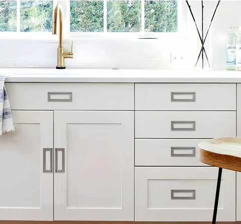 Kitchen cabinets with Two Piece Aluminium Alloy Flip Handle Hidden Door Pull Handles Set, silver, 64mm hole distance, installed view.