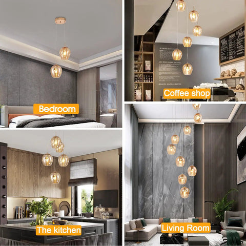 Dimmable Glass Globe Pendant Light Fixture With Champagne Finish in bedroom, coffee shop, kitchen, and living room settings