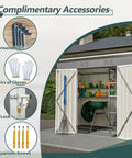 8x4 Heavy Duty Steel Outdoor Storage Shed For Backyard With Double Lockable Doors And Air Vent Perfect For Lawn Mowers Snow Blowers Bikes Grills And Backyard Gear Stash In Gray with accessories like gloves, lock, nails, screws