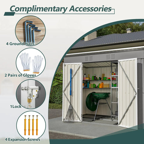 8x4 Heavy Duty Steel Outdoor Storage Shed For Backyard With Double Lockable Doors And Air Vent Perfect For Lawn Mowers Snow Blowers Bikes Grills And Backyard Gear Stash In Gray with accessories like gloves, lock, nails, screws