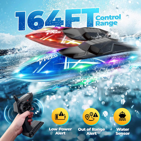 Two Pack RC Boat Set With LED Lights For Pool, Lake, River And Bathtub, 2.4GHz Remote in action showing LED effects on water