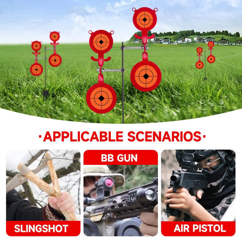 Spinning Steel Target Set For Practice And Competition Featuring Bear Bird And Rooster Designs Clear Bullseye Hit Area For Air Guns Slingshots And Rifles Durable Backyard Shooting Gear For Sharp Consistent Shots displayed on grass with slingshot and rifle use