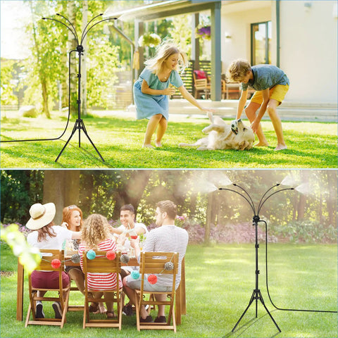 Standing Outdoor Misting System With Adjustable Tripod From Two Point Six Feet To Five Point Three Feet Portable Patio Water Mister in use