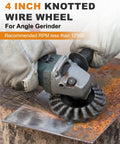 Professional Grade 9 Piece 4 Inch Wire Wheel Set For 4.5 Inch Angle Grinder Hardened Carbon Steel Brush in use on metal.