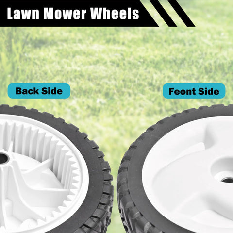 8 Inch Front Drive Wheel Set For Toro 22 Inch Recycler Self Propelled Lawn Mower Replacement 105-1815 showing front and back view
