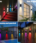 Solar RGB Wall Lights For Outdoors Waterproof Fence And Stair Lighting 7 Color Changing LED Pathway Patio Garden Lights Auto Or Steady Color Modes Perfect For Backyard Garage Yard 8 Pack illuminating stairs, doors, pool, and fences.
