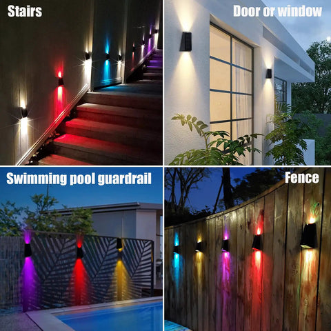 Solar RGB Wall Lights For Outdoors Waterproof Fence And Stair Lighting 7 Color Changing LED Pathway Patio Garden Lights Auto Or Steady Color Modes Perfect For Backyard Garage Yard 8 Pack illuminating stairs, doors, pool, and fences.