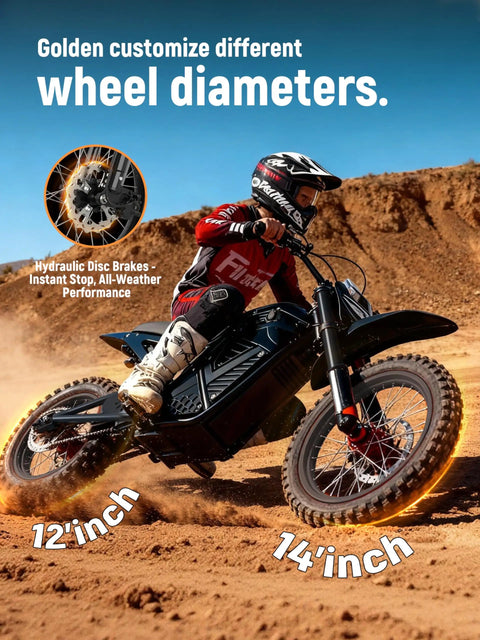 Electric Dirt Bike For Teens And Adults With 3500W Peak Power off-road riding showing different wheel diameters.