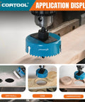 Open Slot Hole Saw Kit With Double Ground Teeth 21 Piece Drill Bit Set demonstration on various materials like drywall, OSB, and hardwood.
