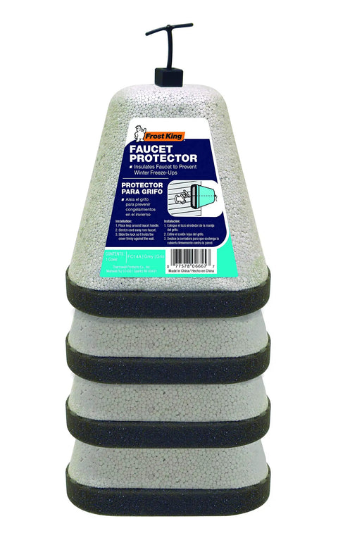 Stack of gray oval foam faucet covers with label, Outdoor Foam Faucet Covers Oval 4 Pack No Fuss Protect Your Faucets From Freezing Wind and Chill Easy To Install Eco Friendly and Energy Efficient Made In USA Gray.