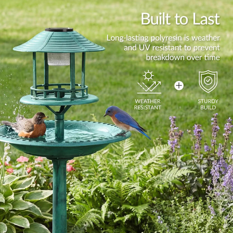 Solar Outdoor Bird Bath With Resin Pedestal Fountain in Green Yard Garden Decor with 0.8 Gallon Basin and Lantern Light