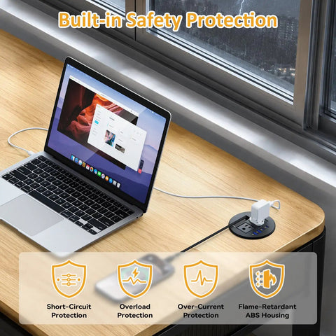 Slick Clutch Desk Power Grommet Featuring Retractable Usb C Cable Dual Ac Outlets And Multi Port Quick Charge Hub for laptop setup on wooden desk.