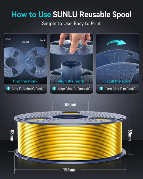 SUNLU silk PLA filament on blue spool, shiny gold silk finish, 1.75 mm, 1 kg, front view.