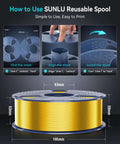 Silk PLA Filament 1.75mm For 3D Printers, Ultra Gloss Silk Finish, assembly guide and spool dimensions.