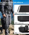 Man carrying packed Two Person Sleeping Bag Set With Pillow For Camping And Travel, Lightweight Queen Size shown with folding steps