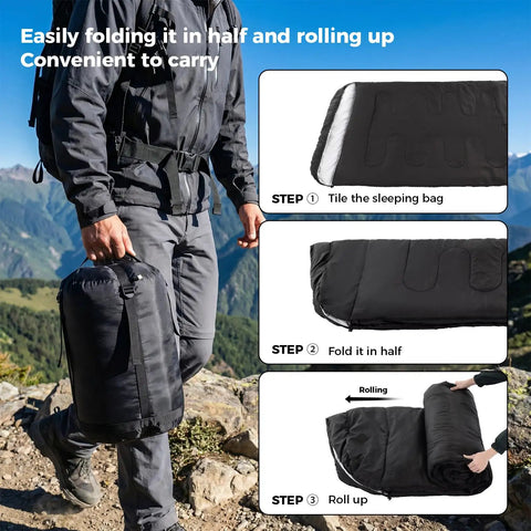 Man carrying packed Two Person Sleeping Bag Set With Pillow For Camping And Travel, Lightweight Queen Size shown with folding steps