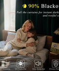 Woman and child in cozy bedroom with Farmhouse Style Light Filtering Curtains For Living Room And Kitchen, rustic green.