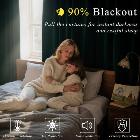 Woman and child in cozy bedroom with Farmhouse Style Light Filtering Curtains For Living Room And Kitchen, rustic green.