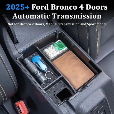 Ford Bronco Console Tray Organizer Upgraded For 2025 2026 4 Door With Auto Trans, tray with gadgets in full-size interior