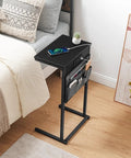 C Shaped End Table With Built In Charging Station For Small Spaces 28 Inch Tall Couch Side Table With 2 Tier Storage Pouch