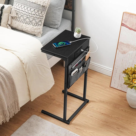 C Shaped End Table With Built In Charging Station For Small Spaces 28 Inch Tall Couch Side Table With 2 Tier Storage Pouch