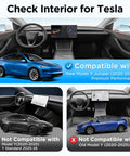 Tesla Model Y interior compatibility chart for 2025-2026 Juniper with blue and gray graphics.