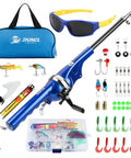 All In One Kid Friendly Fishing Pole Set with Portable Folding Rod and Spincast Reel 80m Monofilament Line Tackle Box Sunglasses Bag