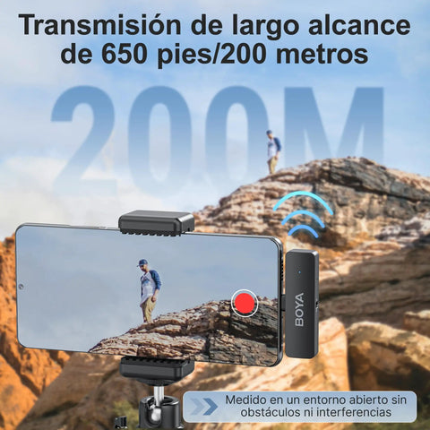 Wireless Lavalier Microphone For USB-C iPhone 15 16 17 Series shown with long-range transmission outdoors