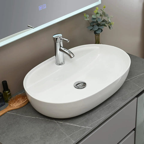 White Ceramic Vessel Sink With Faucet And Pop Up Drain Oval Above Counter Bathroom Vanity Basin Durable Porcelain Minimalist Design