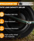 Close-up of 4.80/4.00-8 Flat Free Wheelbarrow Tire With 5/8 And 3/4 Bearing, mounted on a garden cart, highlighting features.