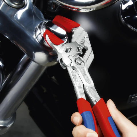10 Inch Pliers Wrench With Comfort Grip, Adjustable Push Button Jaw, used on motorcycle bolt, ergonomic handle in action