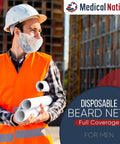 Construction worker wearing Disposable Beard Nets For Men 1000 Pack Full Coverage Breathable Beard Guards For Food Service Cooking Cleaning