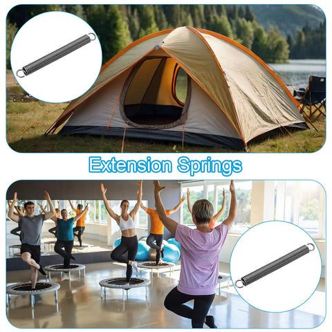 Tough As Nails Extension Spring Featuring Dual Hook Tension Build Made From Fatigue Resistant Spring Steel Exactly Zero Point One Inch Wire And Point Seven Inch Outer Diameter Spanning Seven Point Nine Inches Long Ideal For Lawn Tractor Fixes And Quick next to a camping tent and people exercising.