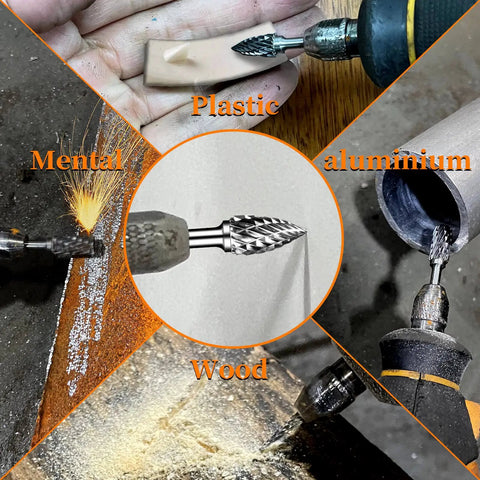 Heavy Duty Tungsten Carbide Burr Set For Die Grinder Bits Twenty Pieces One Eighth Inch Shank Double Cut Rotary Burrs in use on plastic, metal, wood, and aluminum.