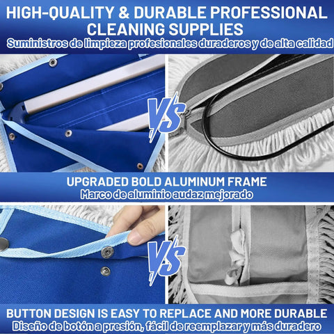 Close-up of 36 Inch Commercial Dust Mop with upgraded aluminum frame and button design for quick dry dust cleanup on hardwood floors.