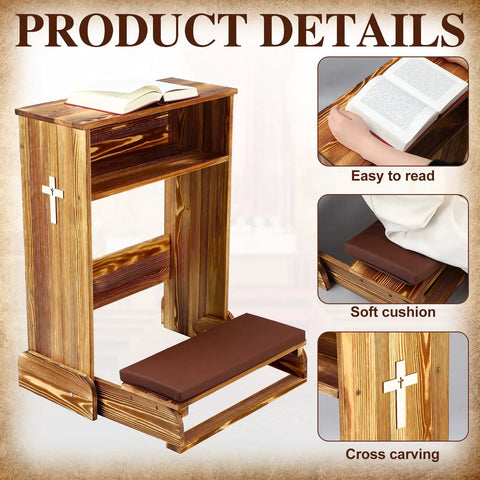 Solid Wood Prayer Bench With Shelf Comfy Cushioned Kneeler And Table Chair Rustic 23 X 20 X 32 Inches Padded Kneeler