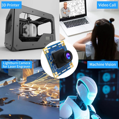 8MP USB Camera Module With 3264x2448 HD Resolution, IMX179 Sensor, 2.1mm Lens used in diverse applications like 3D printers and robotics.