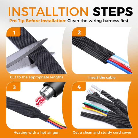 Heat Shrink Braided Sleeving For Wires And Cables Three Eighths Inch By Fifteen Feet High Temperature Rugged Automotive Grade Protection Tough Durable Insulation Temperature Range Minus Thirty One To Two Hundred Eighty Four Fahrenheit, installation steps diagram