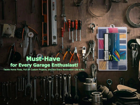 670 Piece Heat Shrink Tubing Kit With Wire Stripper Cutter on a tool wall in a garage workshop