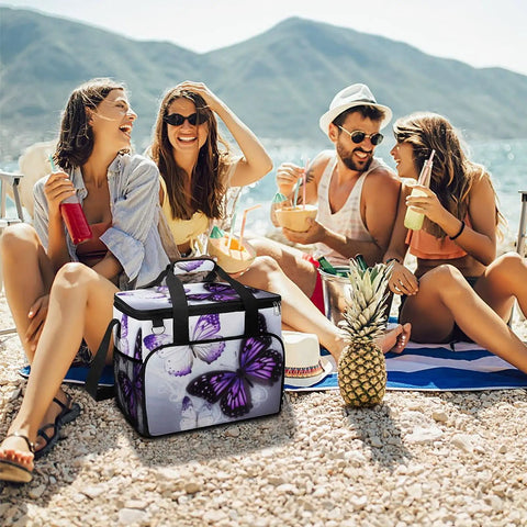 Insulated Picnic Backpack Tote Bag With 30L Capacity White Purple Butterflies Cooler Bag on beach with friends