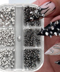 Dope Mini Metal Punk Nail Art Studs Set In Gold And Black, Mixed Sizes With Tweezers And Steel Ball Charms, Diy Nail Jewelry Kit, 6 Grid Organizer For Quick, Precise, Edgy Manis. 6-grid case with silver and black studs on acrylic nails