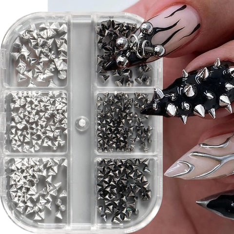 Dope Mini Metal Punk Nail Art Studs Set In Gold And Black, Mixed Sizes With Tweezers And Steel Ball Charms, Diy Nail Jewelry Kit, 6 Grid Organizer For Quick, Precise, Edgy Manis. 6-grid case with silver and black studs on acrylic nails
