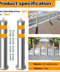 Built Ridiculously Tough Stainless Steel Bollard Posts 31.5 Inch with anchor bolts, showcasing reflective strips and installation details.