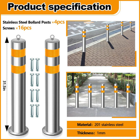 Built Ridiculously Tough Stainless Steel Bollard Posts 31.5 Inch with anchor bolts, showcasing reflective strips and installation details.