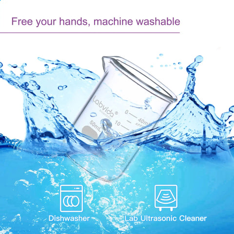 Heavy Duty 50ml Beaker Set Of 5 Thick Walled 3.3 Borosilicate Glass in water, low form with double scale graduation, dishwasher safe