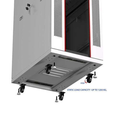 Heavy Duty 42U Floor Server Rack And Network Cabinet With Smooth Rolling Casters, showcasing the base with casters and load capacity. 